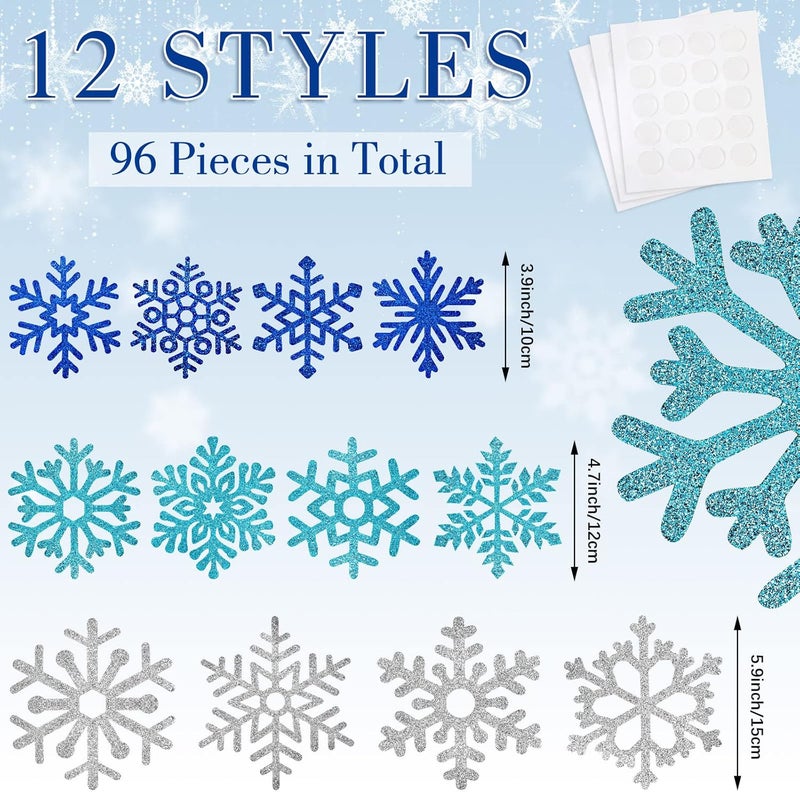 Geyee 96 Pcs Snowflakes Cutouts 12 Styles Glitter Snowflakes Board Cutouts Ornaments with Glue Point Dots for Winter Christmas Wonderland Party Home Decoration(Blue, Silver) - Image 2